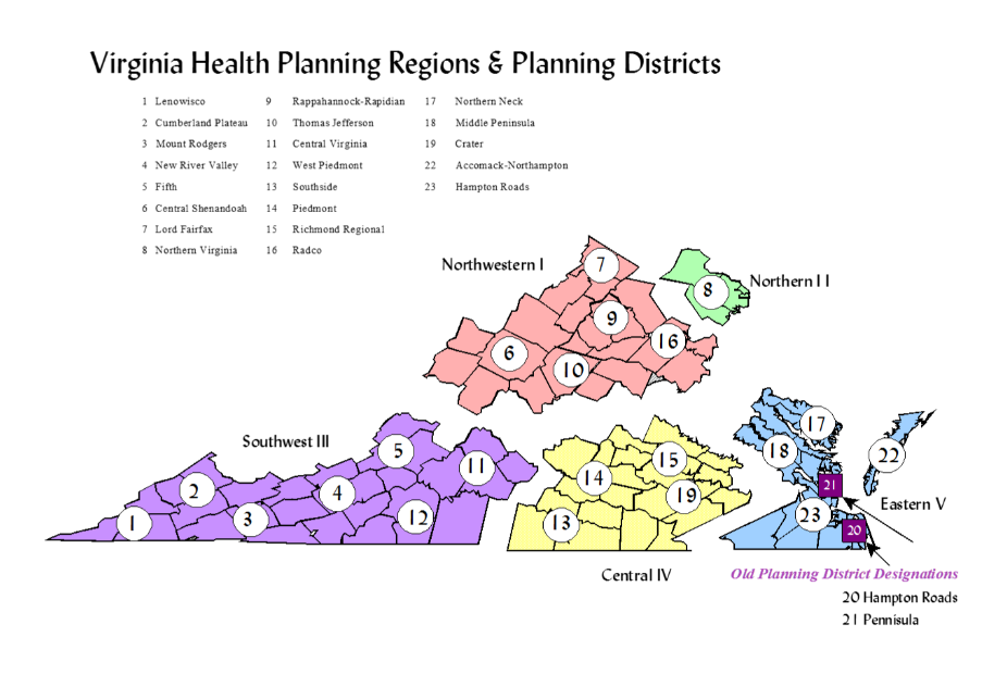 Map of Virginia Health Planning Districts. GMEC serves Planning Districts 1-3. 